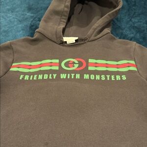Gucci Kids Gray Vintage style Hoodie with Green and Red Accents